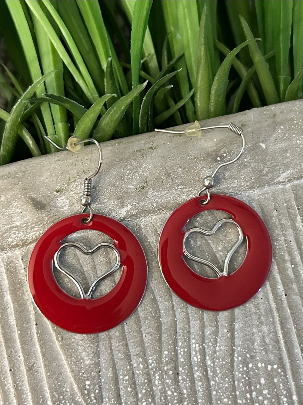 Red Heart enamel Drop Earrings silver heart inside red circle pierced